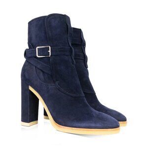 Gianvito Rossi Navy Suede Blue Heeled Boots with Silver Buckles.  Stormer Bootie
